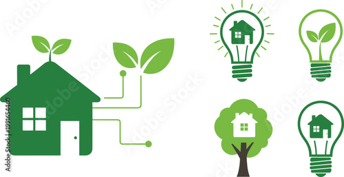 Eco Green House and Lightbulb Icon Set with Plant Leaf Energy Home Tree and Sustainable Living Symbols for Environment Design
