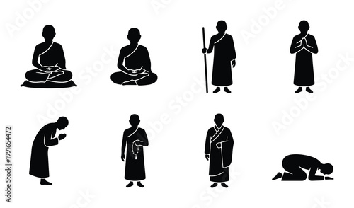 Buddhist monk silhouette icon set, spiritual zen meditation poses vector, religious monk figures in traditional robes, 8 black minimalist icons