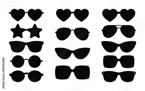 Black sunglasses silhouette icons, 14 fashion eyewear vector set, heart and star shaped glasses, summer beach accessories for graphic design