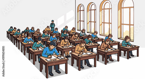 Students take an exam in a classroom with large windows and a supervisor