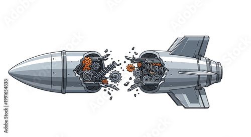 Broken silver rocket with exposed gears and internal mechanical components.