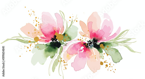 Watercolor flowers, pink peach floral wreath, green leaves, abstract botanical illustration, decorative border