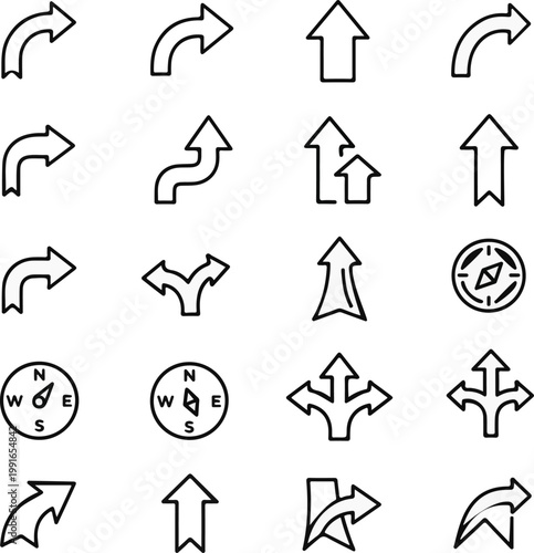 A comprehensive collection of diverse outline arrow and navigation icons, including various directional symbols and compasses, perfect for user interface design.