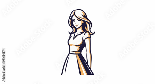 Stylish woman with flowing hair, smiling, wearing a dress