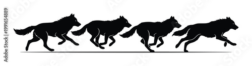 Konstfotografi Black wolf pack silhouette vector, running wolves in motion sequence, wild preda
