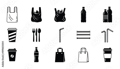 Single-use plastic waste icons, 15 black and white vector elements, disposable packaging and pollution symbols for environmental awareness