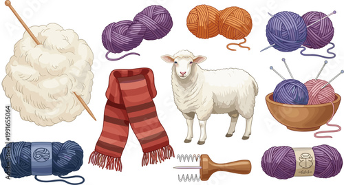 Knitting and Crochet Set with Yarn Balls Needles Wool Scarf Sheep Fiber Craft Elements for Handmade Textile Hobby Vector Illustration
