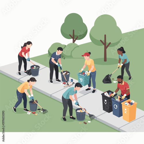 Volunteers cleaning up litter on a sidewalk near trees