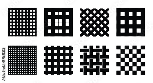 Geometric mesh pattern set, black and white industrial grid textures, 8 vector metal grate icons, architectural screen and fence design elements
