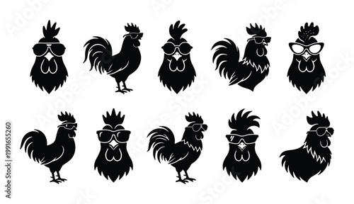Cool rooster silhouette collection, 10 black rooster icons wearing sunglasses, funny chicken head and farm bird vector set for t-shirt design