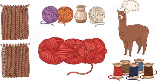 Knitting and Weaving Set with Yarn Balls Wool Threads Fabric Samples Llama Fiber and Sewing Supplies Vector Illustration Collection