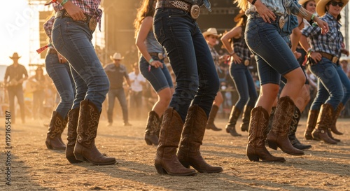 Group of women in cowboy boots line dancing at a country music festival. Western culture and outdoor event for entertainment and leisure.