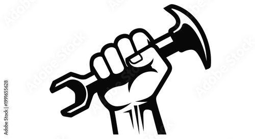Industrial fist holding wrench vector icon, strong hand gripping mechanic tool for labor day concept, black and white construction worker power symbol