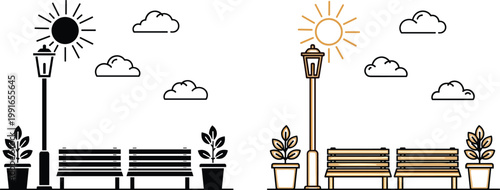 Park Bench Scene with Street Lamp, Sun, Clouds and Plants in Day and Night Minimal Line Vector Illustration