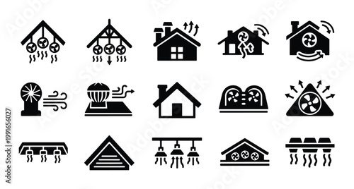 HVAC ventilation system icons, 15 black house air cooling and heating symbols, residential attic fan and roof vent vector set, home climate control graphics