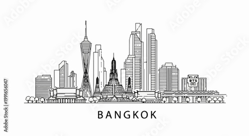 Stylized black and white line art skyline of Bangkok with temples and skyscrapers