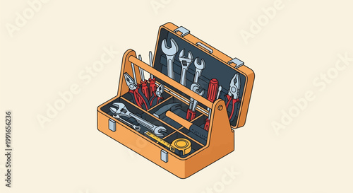 Isometric toolbox vector illustration with professional hand tools, orange metal tool box for construction and home repair, carpentry equipment set with hammer and wrenches for workshop isolated