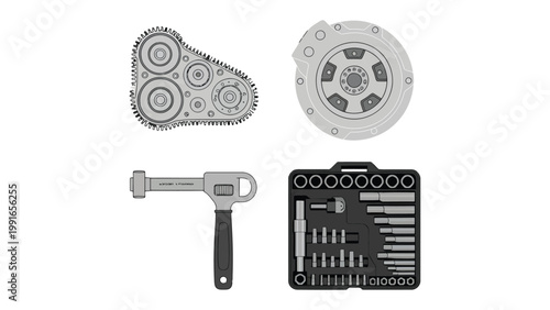Mechanical Marvels: A detailed overhead shot showcases essential mechanical components, highlighting precision and the intricate design of the tools for vehicle.