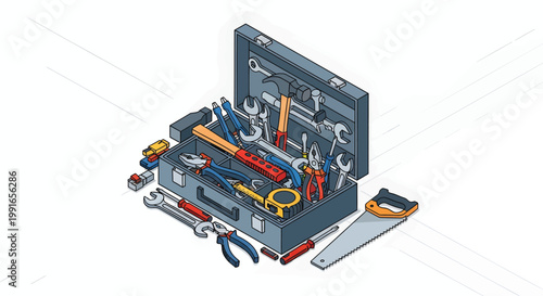 Isometric toolbox with professional hand tools, metal tool box for home repair and construction, industrial hardware equipment set for maintenance