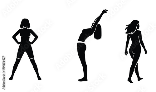 Minimalist yoga silhouette set, black female fitness icons in stretching and standing poses, athletic woman vector graphics for wellness branding
