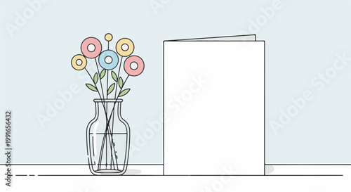 Simple illustration of a vase with colorful flowers and a blank card on a shelf