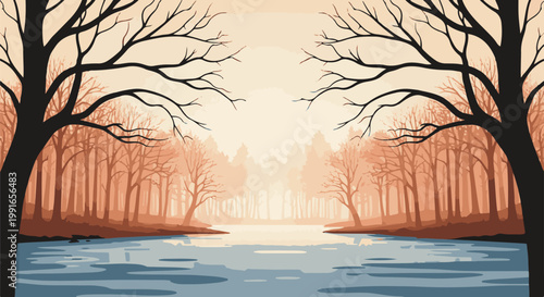 Serene winter forest with bare trees reflected in calm water