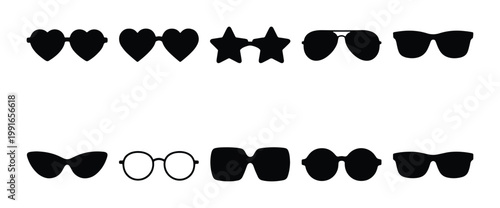 Black sunglasses silhouette icons, set of 10 eyewear vector shapes, fashion sun glasses collection with heart and star frames, minimalist optical accessories
