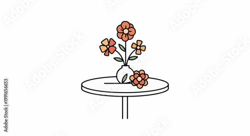 Simple line art of a vase with colorful flowers on a round table