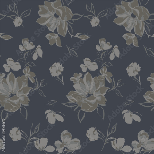 A sophisticated seamless wallpaper pattern featuring elegant floral motifs in dark charcoal gray