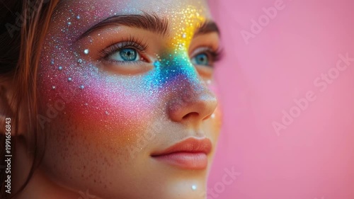 Young caucasian woman with colorful glitter makeup and freckles against pink background