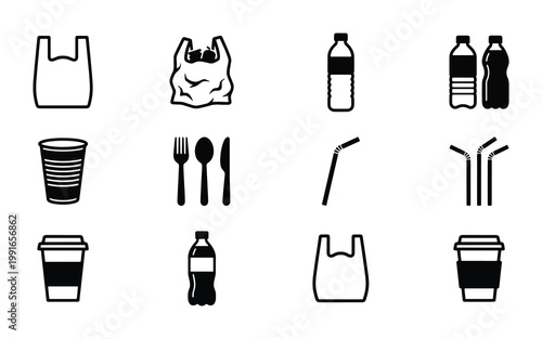 Single-use plastic icons set, disposable waste vector collection, black and white plastic pollution symbols for environmental awareness