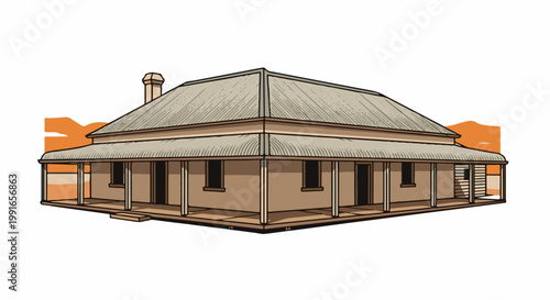 Simple illustration of a colonial-style house with a wide veranda and corrugated roof