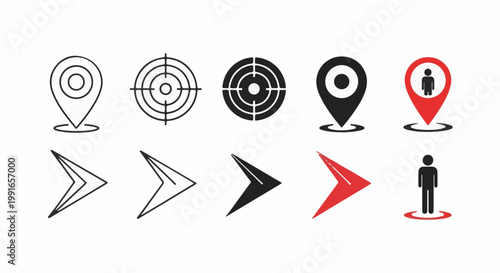 Set of location and direction icons pin, target, arrow, person