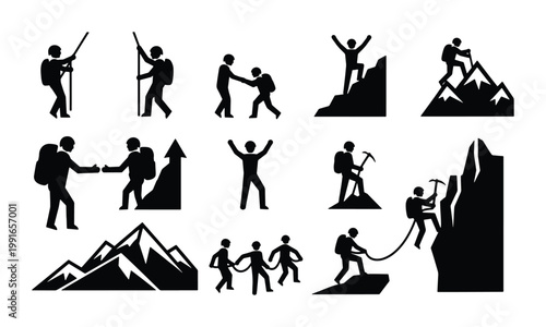 Mountain climbing silhouette icons, hiking and mountaineering adventure set, 13 black vector pictograms of rock climbers and backpackers