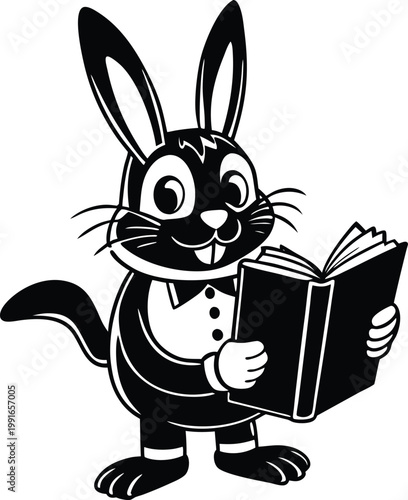 Charming Rabbit Mascot Character Reading an Open Book for Education and Wisdom