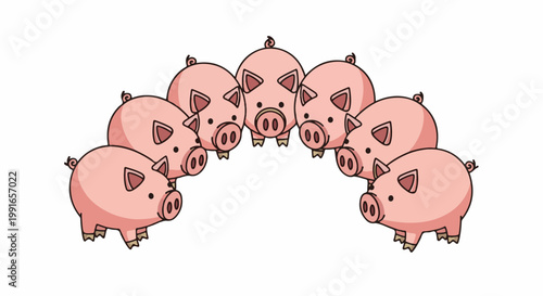 Seven cartoon pigs arranged in a semi-circle on a white background