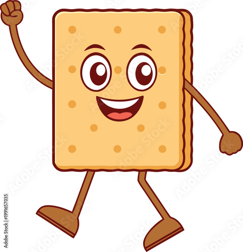 Cheerful animated cracker character with arms raised in joy on a delightful celebration