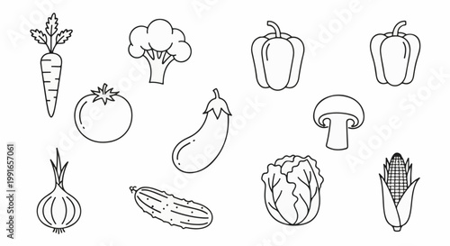 Simple line drawings of various healthy vegetables arranged on a white background