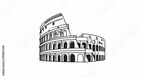 Stylized black and white outline drawing of a grand ancient amphitheater