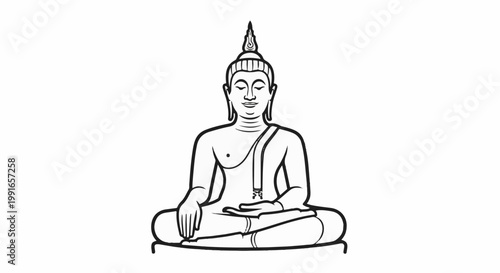 Stylized black and white outline drawing of a seated meditating Buddha figure