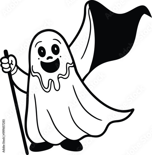 Cheerful cartoon ghost holding a tall staff with a flowing cape smiling happily for Halloween