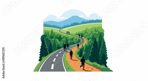 Silhouetted figures traverse a winding path through a vibrant, green forest and rolling hills