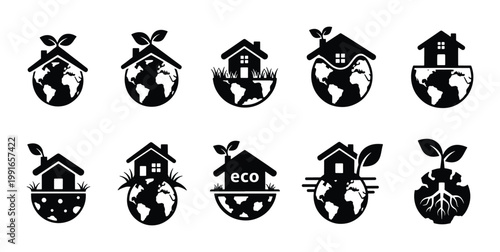 Eco friendly house icons set, sustainable green home on earth globe vector, 10 environmental ecology symbols for renewable energy and global conservation