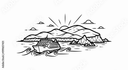 Ship sailing past islands with mountains under a sunrise