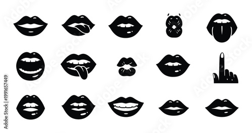 Black lips vector icons set, female mouth silhouettes with various expressions, 15 sexy lip stickers for beauty and fashion design, minimalist facial elements