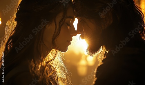 Couple's intimate profile, foreheads almost touching, illuminated by a warm golden backlight