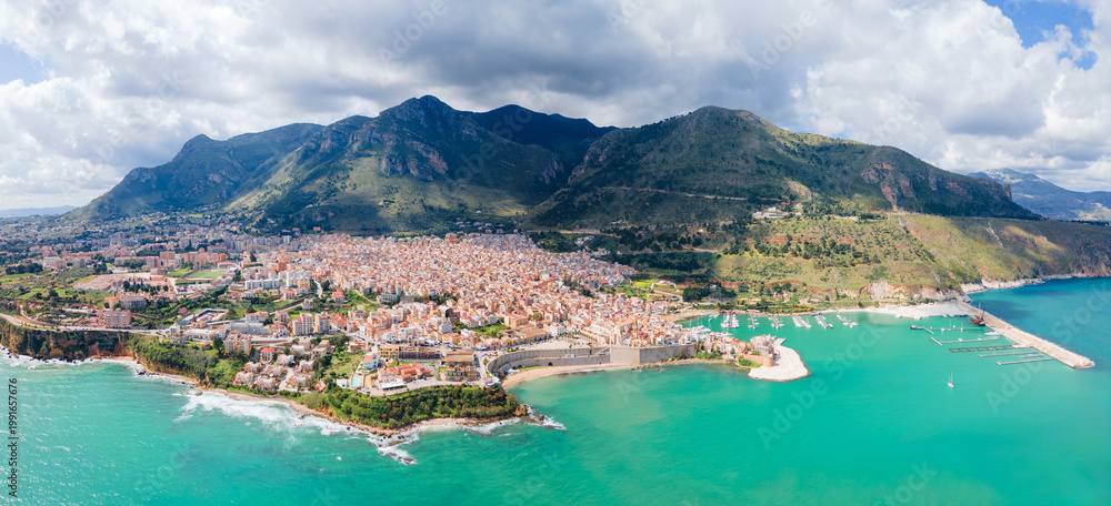 Obraz premium Castellammare del Golfo town aerial panoramic view