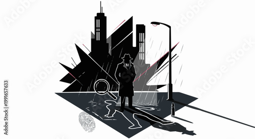 Silhouette detective examines crime scene in rain, with city buildings and streetlamp