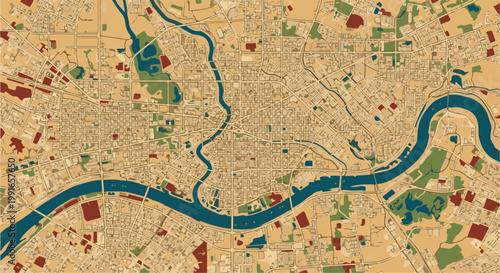 Stylized aerial map of a city with a river and green spaces, rendered in muted tones
