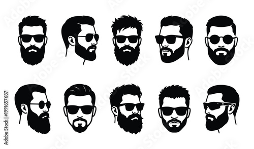 Bearded man head silhouettes with sunglasses, set of 10 male facial hair avatars, masculine barber shop icons and hipster character portraits
